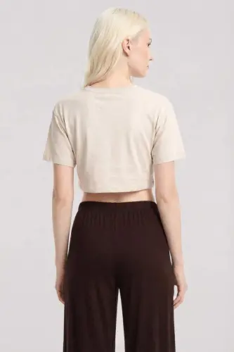Angelino Baskılı Crop T-Shirt Pantolon Takım Kum Kahve - 5
