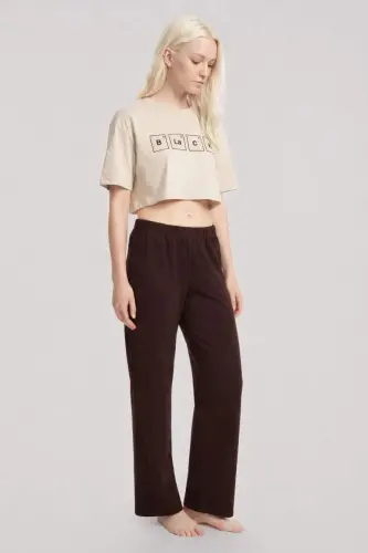 Angelino Baskılı Crop T-Shirt Pantolon Takım Kum Kahve - 1