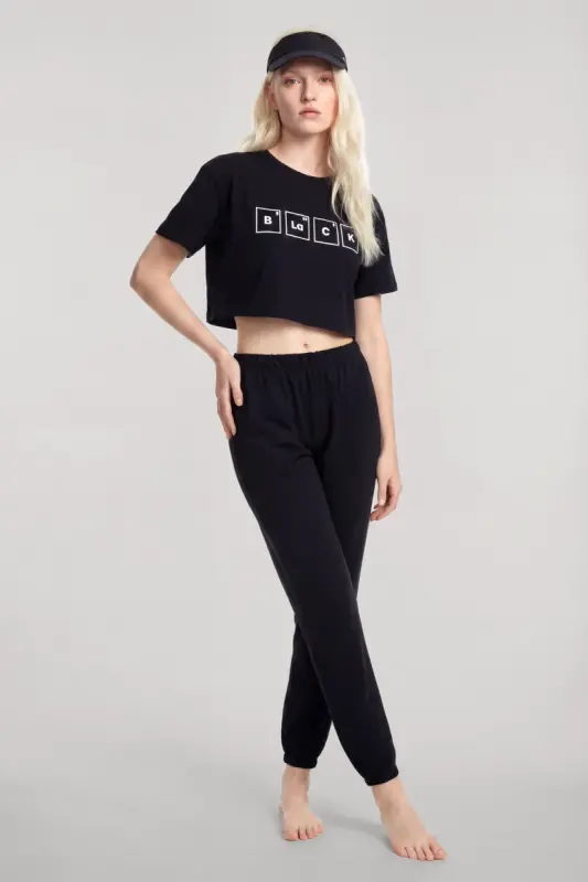 Angelino Baskılı Crop T-Shirt Pantolon Takım Siyah - BÜYÜKBEDENIZ