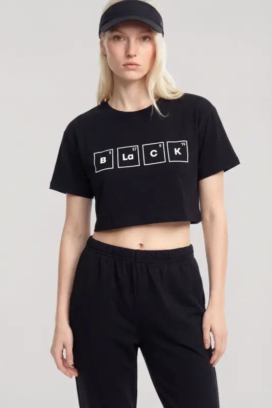 Angelino Baskılı Crop T-Shirt Pantolon Takım Siyah - 3