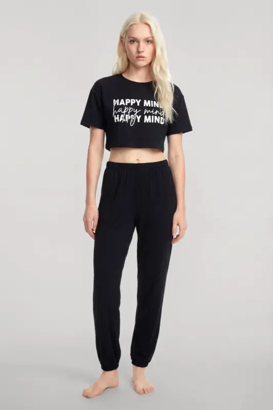 Angelino Baskılı Crop T-Shirt Pantolon Takım Siyah - BÜYÜKBEDENIZ