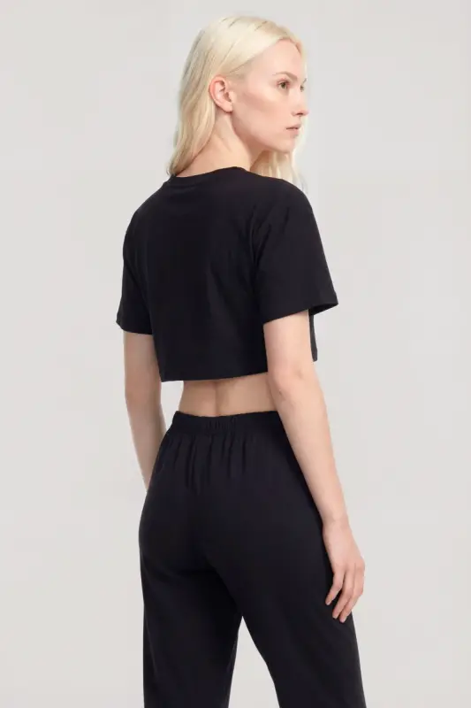 Angelino Baskılı Crop T-Shirt Pantolon Takım Siyah - 2