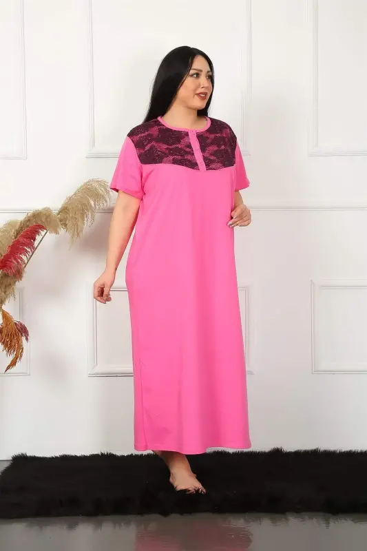 Angelino Big Lace Short Sleeve Fuchsia Mom Nightgown 1348 - 4