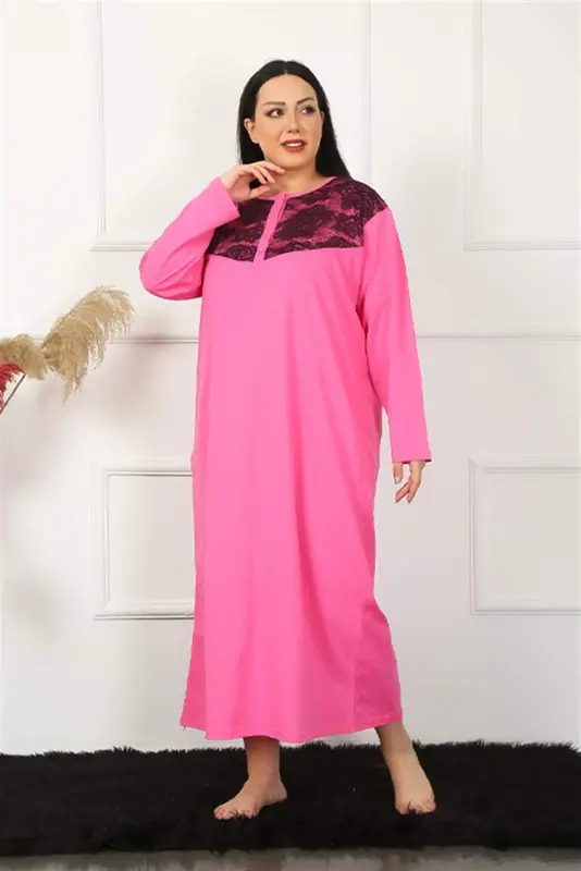 Angelino Big Long Sleeve Lace Fuchsia Mom Nightgown 1355 - 2