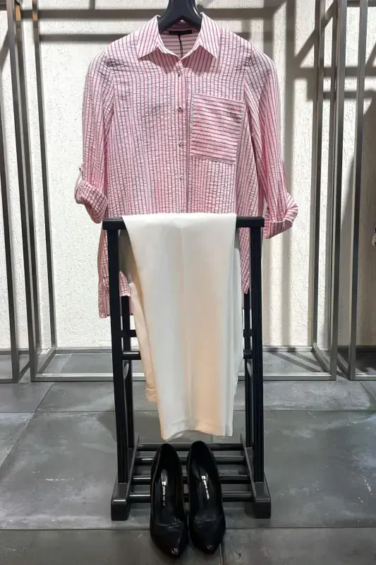 Ангелино Большая Размер Фуксия Полосатая Рубашка с Одним Карманом - 1