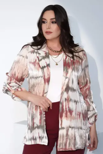 Angelino Büyük Beden Batik Desen Kruvaze Yaka Pudra Ceket - 1
