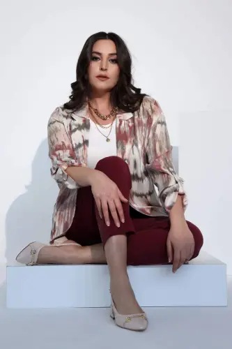 Angelino Büyük Beden Batik Desen Kruvaze Yaka Pudra Ceket - 3