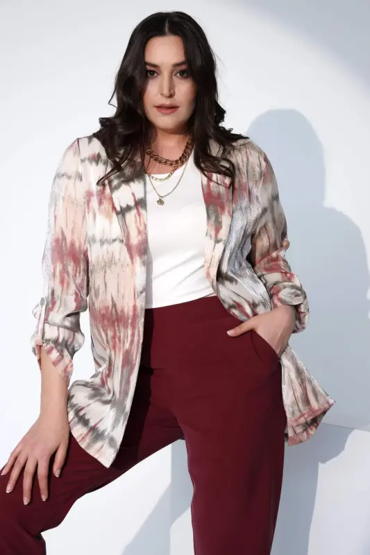 Angelino Büyük Beden Batik Desen Kruvaze Yaka Pudra Ceket - 5