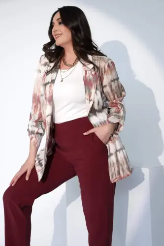 Angelino Büyük Beden Batik Desen Kruvaze Yaka Pudra Ceket - 6