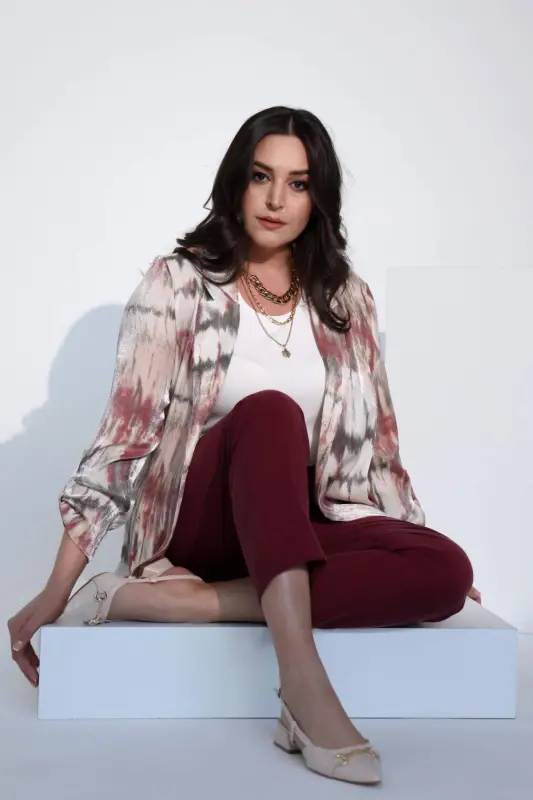 Angelino Büyük Beden Batik Desen Kruvaze Yaka Pudra Ceket - 8