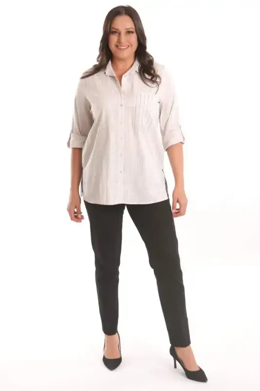 Angelino Büyük Beden Bej Cebi Taş Baskılı Çizgili Gömlek - 2