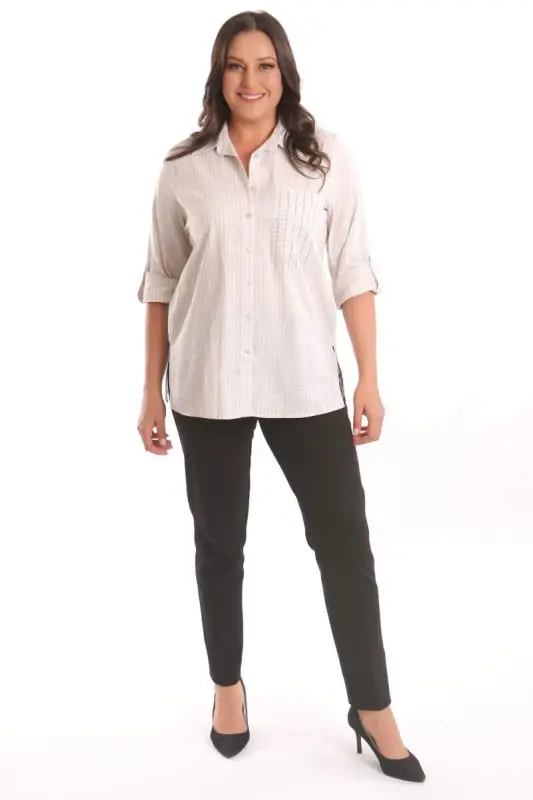 Angelino Büyük Beden Bej Cebi Taş Baskılı Çizgili Gömlek - 2