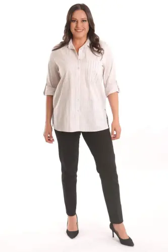 Angelino Büyük Beden Bej Cebi Taş Baskılı Çizgili Gömlek - BÜYÜKBEDENIZ (1)