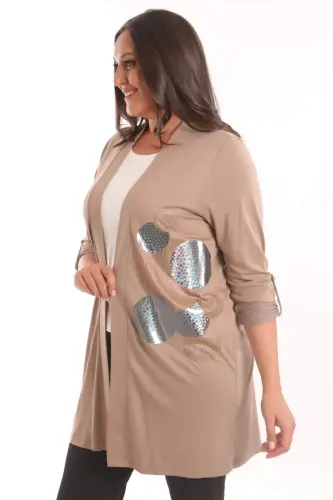Angelino Büyük Beden Bej Daire Desen Taş Baskılı Uzun Hırka - 1
