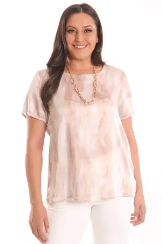 Angelino Büyük Beden Bej Desenli Kısa Kol Bluz - 1