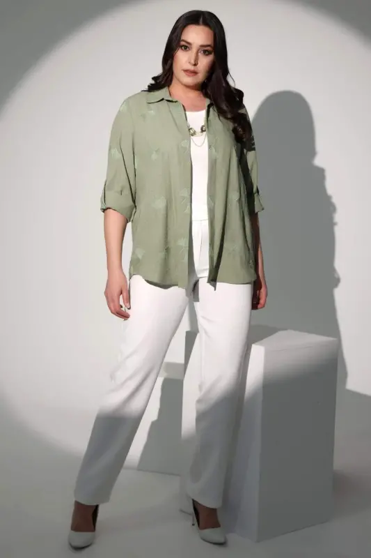 Angelino Büyük Beden Beli Lastikli Dar Paça Beyaz Pantolon - BÜYÜKBEDENIZ