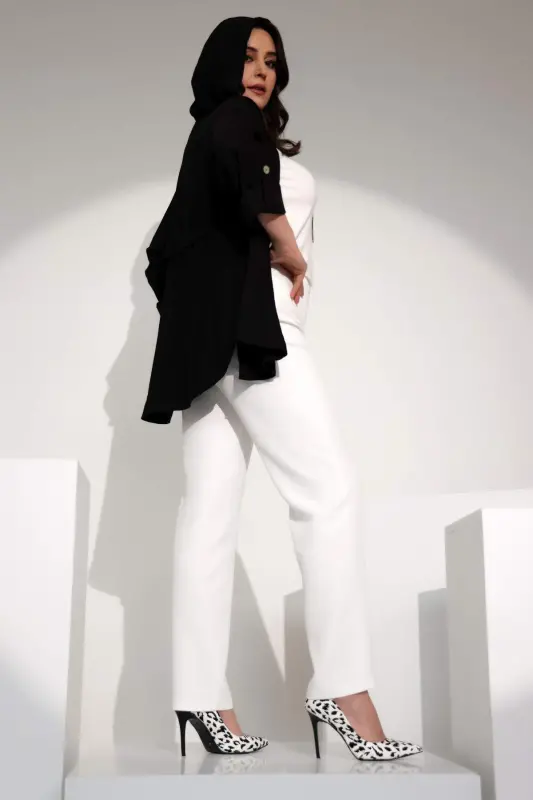 Angelino Büyük Beden Beli Lastikli Dar Paça Beyaz Pantolon - 4