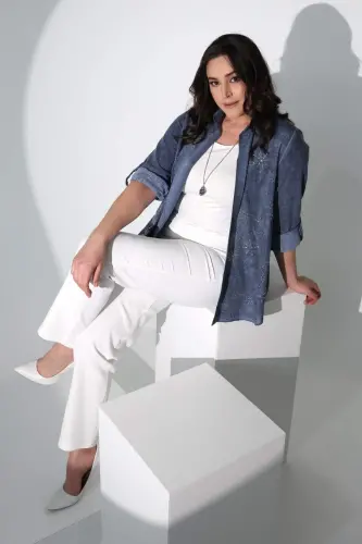 Angelino Büyük Beden Beli Lastikli Dar Paça Beyaz Pantolon - 7