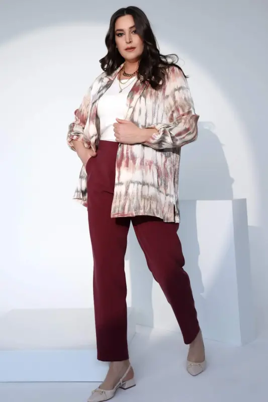 Angelino Büyük Beden Bordo Beli Lastikli Pantolon - 3