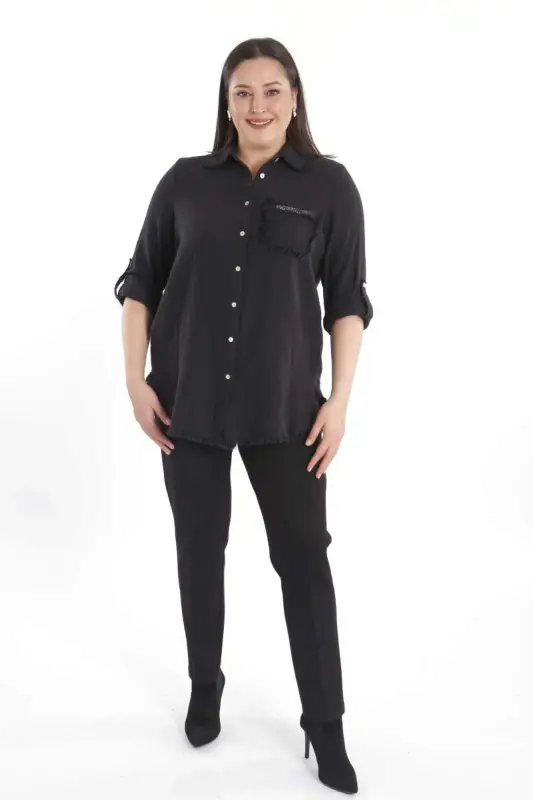 Angelino Büyük Beden Cep Taş Baskılı Eteği Saçaklı Muslin Siyah Gömlek - 2