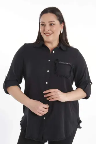 Angelino Büyük Beden Cep Taş Baskılı Eteği Saçaklı Muslin Siyah Gömlek - 4