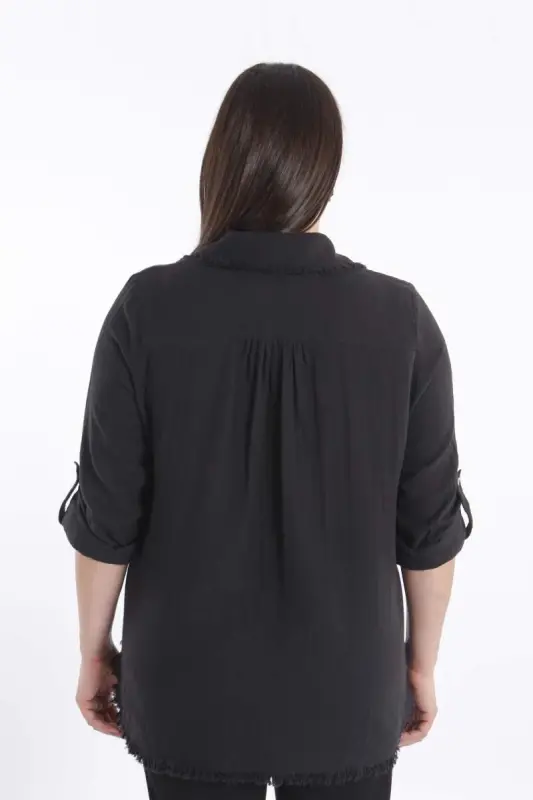 Angelino Büyük Beden Cep Taş Baskılı Eteği Saçaklı Muslin Siyah Gömlek - 5