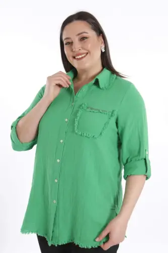 Angelino Büyük Beden Cep Taş Baskılı Eteği Saçaklı Muslin Yeşil Gömlek - 1