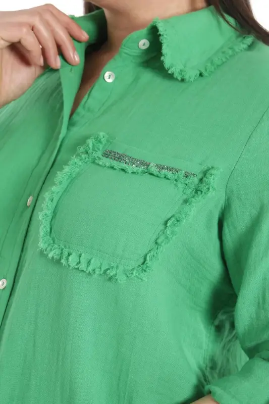 Angelino Büyük Beden Cep Taş Baskılı Eteği Saçaklı Muslin Yeşil Gömlek - 6