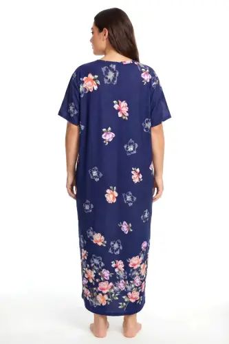 Angelino Büyük Beden Çiçek Desenli Kısa Kollu Anne Geceliği Lacivert - BÜYÜKBEDENIZ (1)