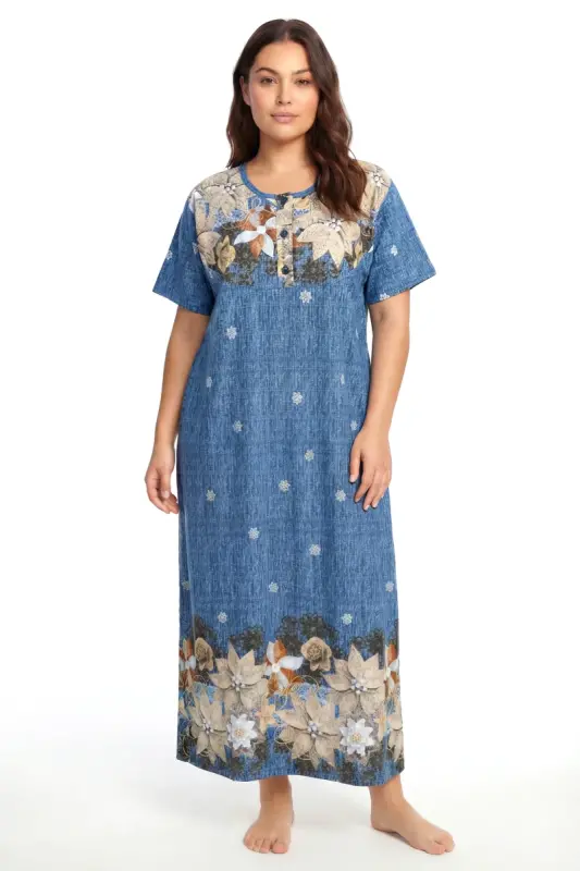 Angelino Büyük Beden Çiçek Desenli Kısa Kollu Anne Geceliği Mavi - 1