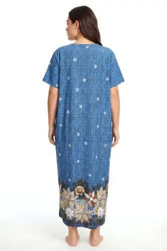 Angelino Büyük Beden Çiçek Desenli Kısa Kollu Anne Geceliği Mavi - BÜYÜKBEDENIZ (1)