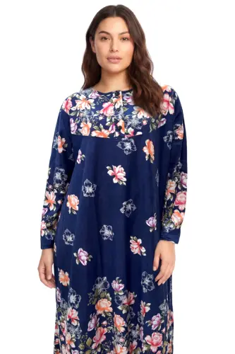 Angelino Büyük Beden Çiçek Desenli Uzun Kollu Anne Geceliği Lacivert - BÜYÜKBEDENIZ (1)