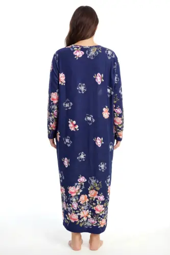 Angelino Büyük Beden Çiçek Desenli Uzun Kollu Anne Geceliği Lacivert - 3