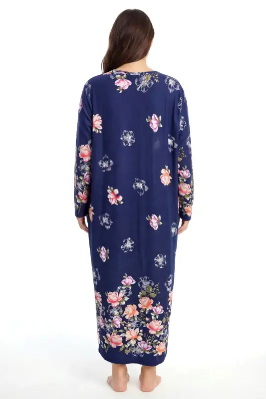 Angelino Büyük Beden Çiçek Desenli Uzun Kollu Anne Geceliği Lacivert - 3