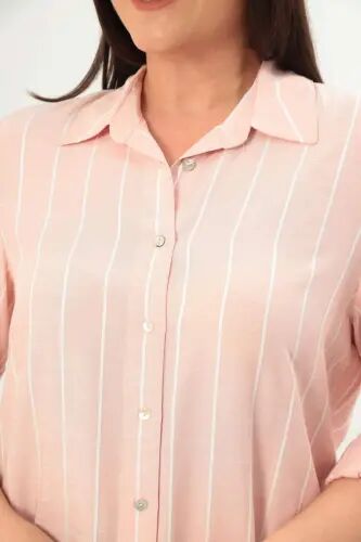 Angelino Büyük Beden Çizgili Basic Pudra Gömlek - 4