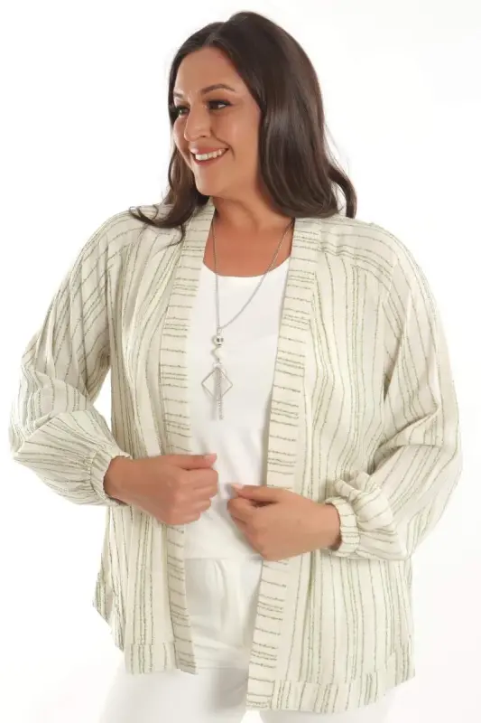 Angelino Büyük Beden Çizgili Oversize Yeşil Ceket - 1