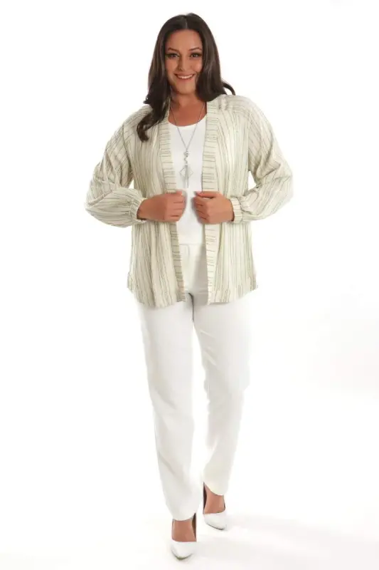 Angelino Büyük Beden Çizgili Oversize Yeşil Ceket - 4