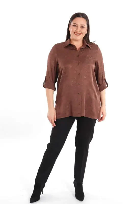 Angelino Büyük Beden Desenli Floş Viskoz Kahverengi Gömlek - BÜYÜKBEDENIZ