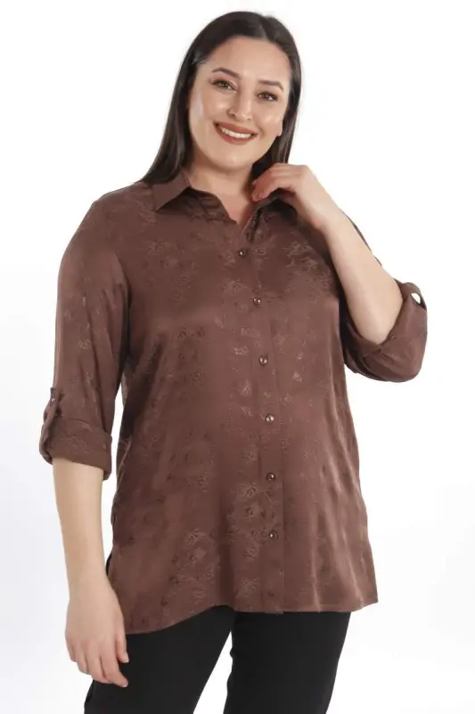 Angelino Büyük Beden Desenli Floş Viskoz Kahverengi Gömlek - 2