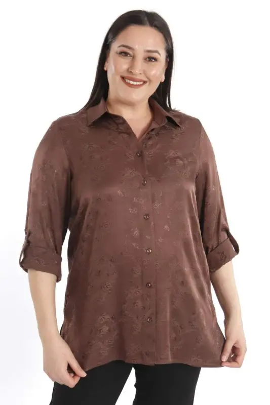 Angelino Büyük Beden Desenli Floş Viskoz Kahverengi Gömlek - 3