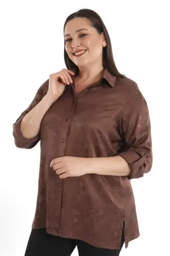 Angelino Büyük Beden Desenli Floş Viskoz Kahverengi Gömlek - 4