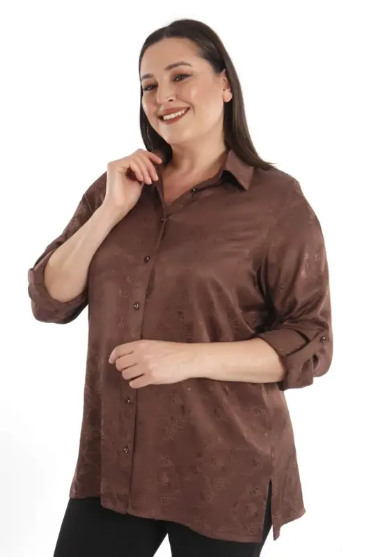 Angelino Büyük Beden Desenli Floş Viskoz Kahverengi Gömlek - 4