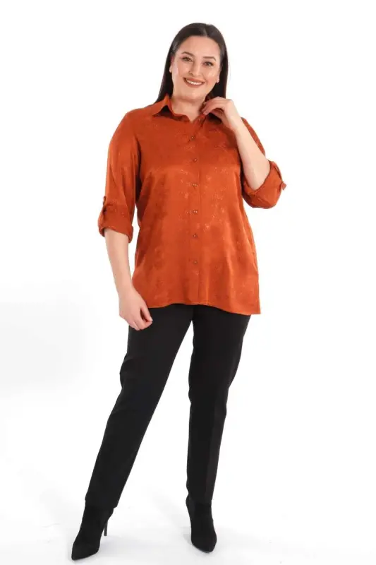 Angelino Büyük Beden Desenli Floş Viskoz Kiremit Gömlek - 1