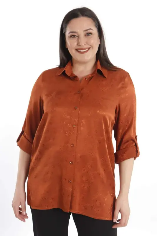 Angelino Büyük Beden Desenli Floş Viskoz Kiremit Gömlek - 2