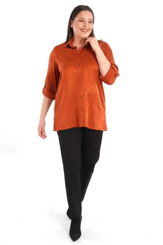 Angelino Büyük Beden Desenli Floş Viskoz Kiremit Gömlek - 3