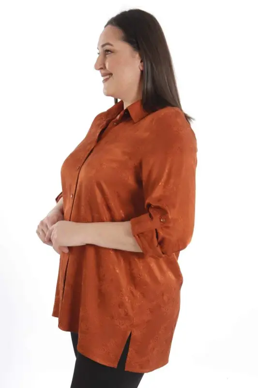 Angelino Büyük Beden Desenli Floş Viskoz Kiremit Gömlek - 4