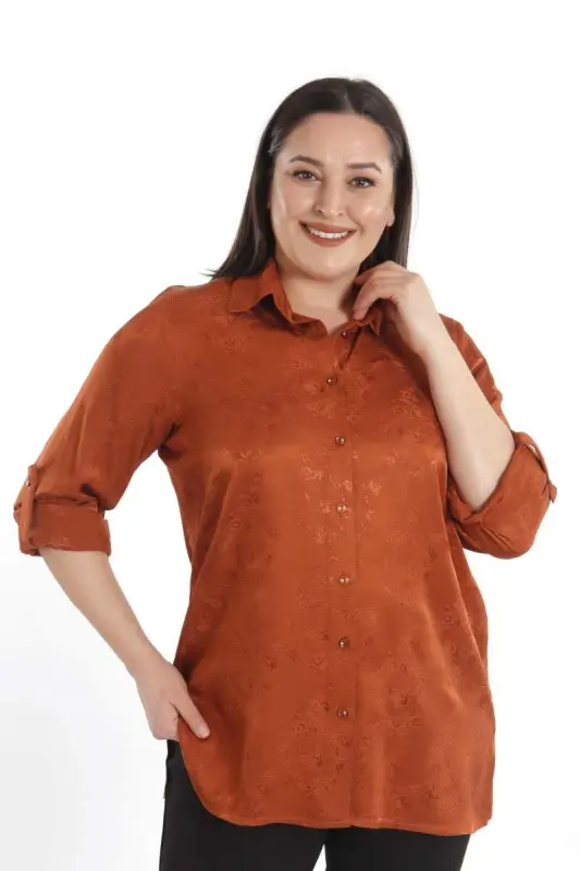 Angelino Büyük Beden Desenli Floş Viskoz Kiremit Gömlek - 5