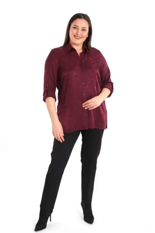 Angelino Büyük Beden Desenli Floş Viskoz Mürdüm Gömlek - 1