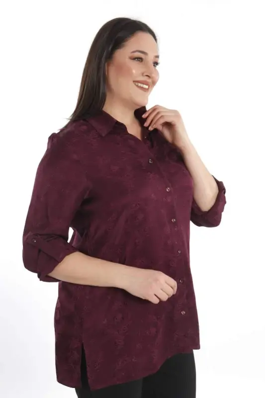 Angelino Büyük Beden Desenli Floş Viskoz Mürdüm Gömlek - 2