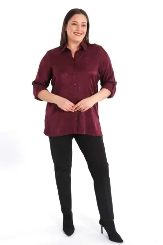 Angelino Büyük Beden Desenli Floş Viskoz Mürdüm Gömlek - 3